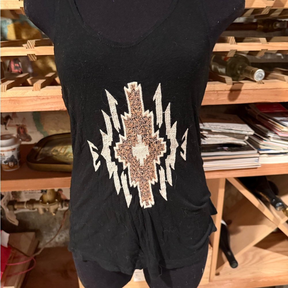 Brandy Melville Black Tank with Cream and Brown Aztec Embroidery